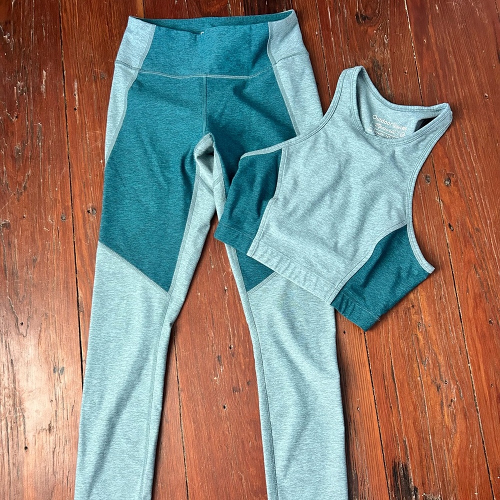 Outdoor Voices Active Colorblock Leggings & Crop Tank Set - Teal/Light Teal -